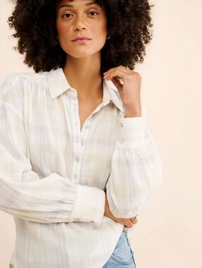 Faherty Plaid Textured Olli Half Button White Gray Organic Cotton Top, S